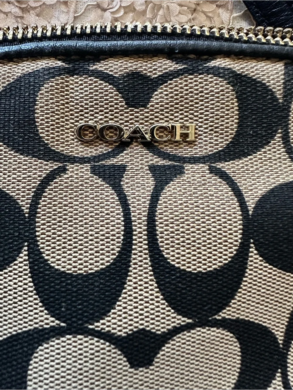 Coach Brown Khaki Signature Canvas Shoulder Tote with Black Trim